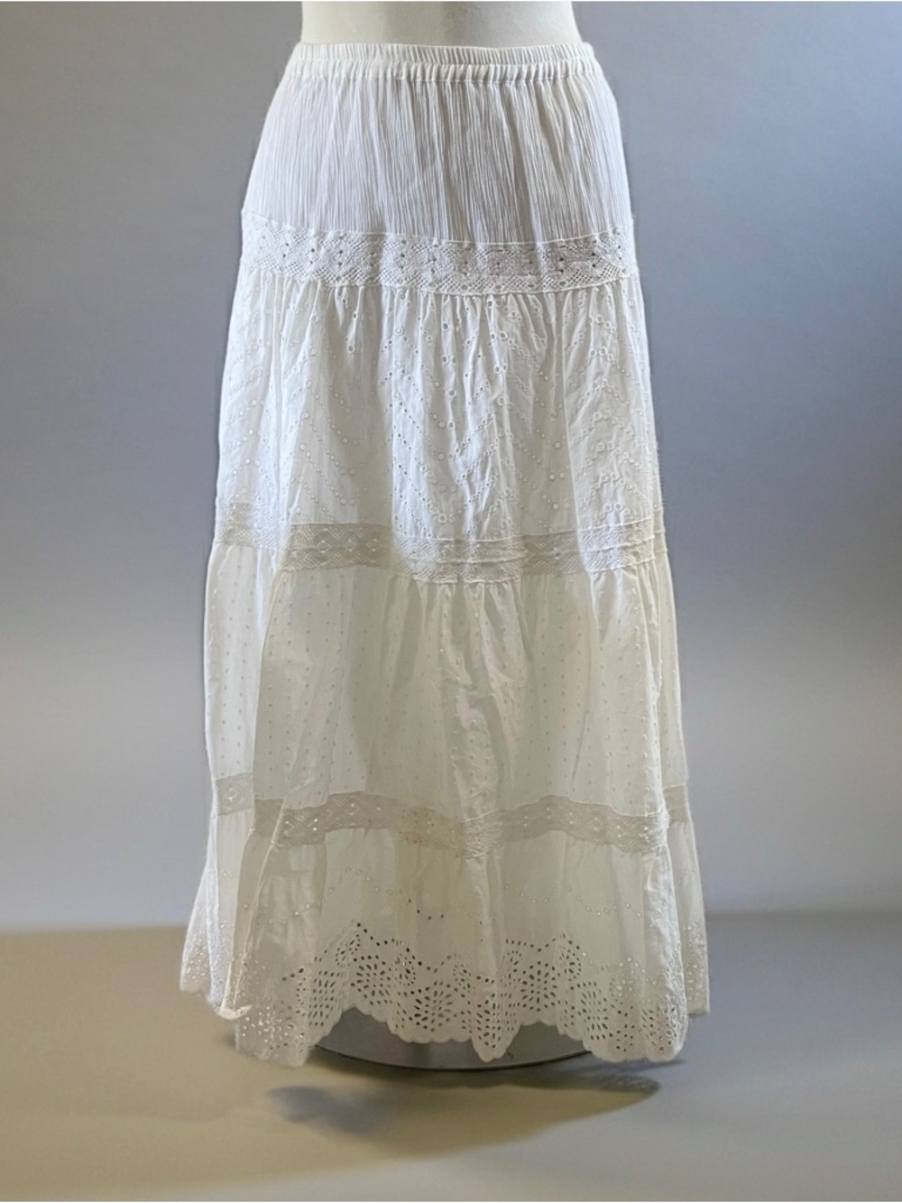 NWT Coldwater Creek 100% Cotton Ivory Eyelet Tiered Maxi Skirt